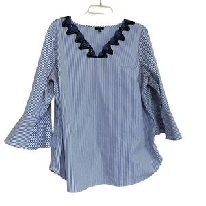 Talbots Woman Blue White Stripe Bell Sleeve Embroidered Lace V Neck Top 2X Boho